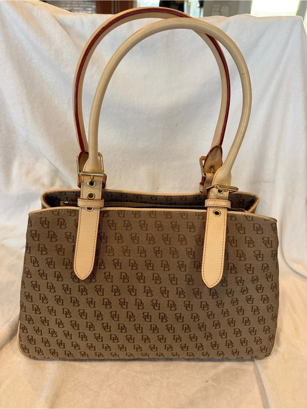 Dooney & Bourke Classic Tote. Tan signature cloth with Tan leather accents
